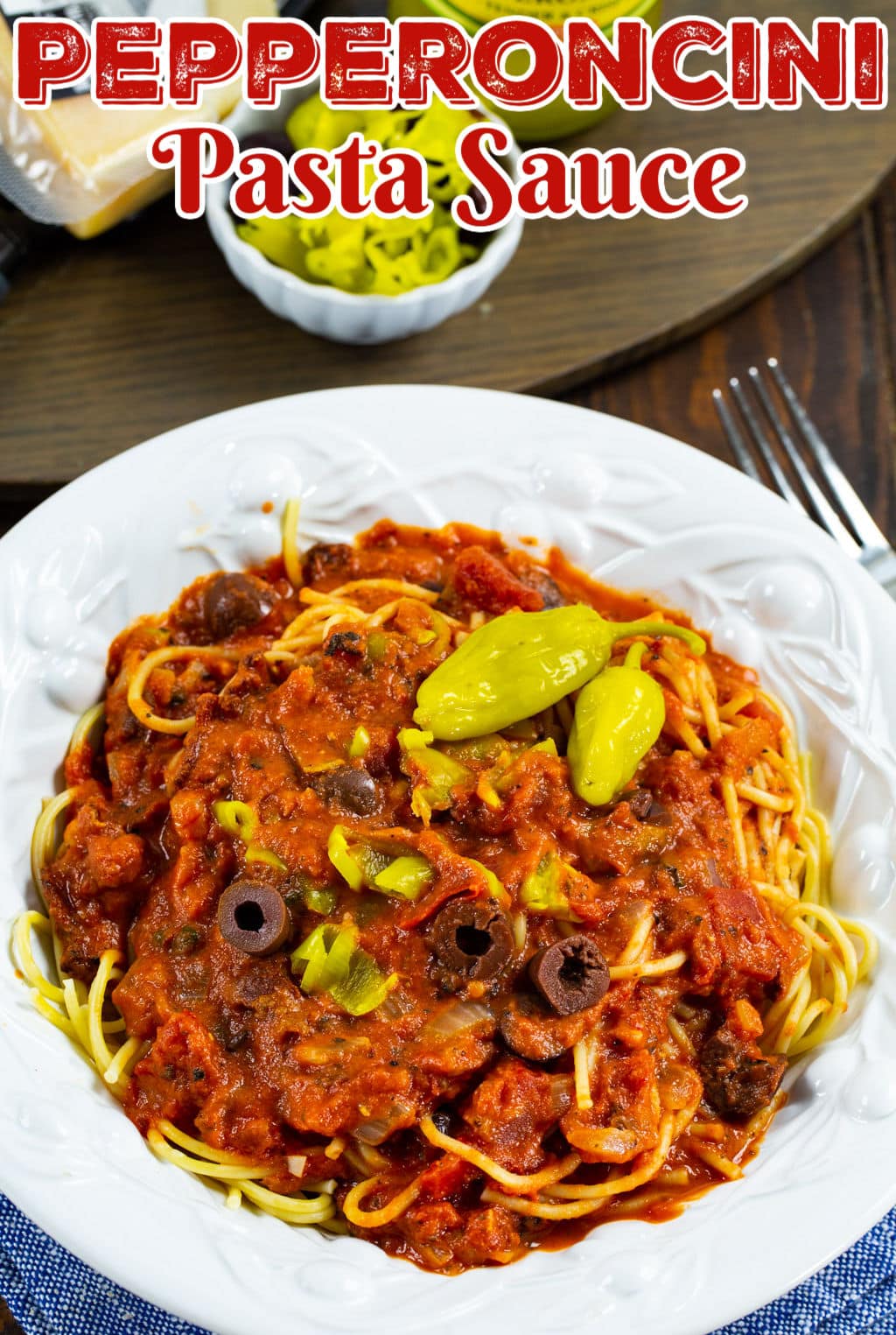 Pepperoncini Pasta Sauce mixed with pasta.