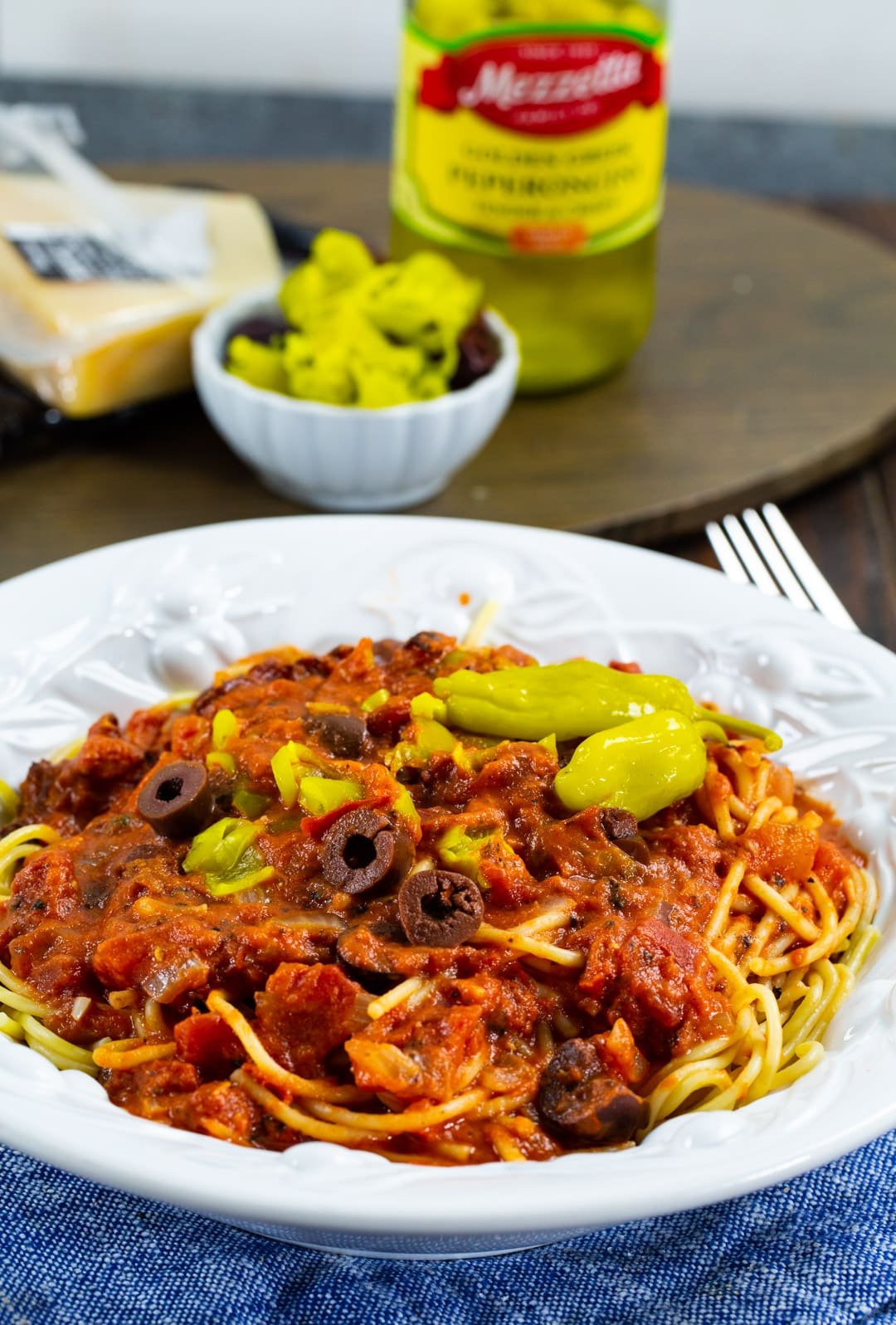 Pepperoncini Pasta Sauce mixed with spaghetti.
