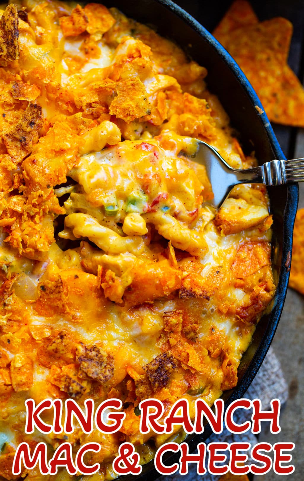 King Ranch Mac and Cheese in cast iron pan.