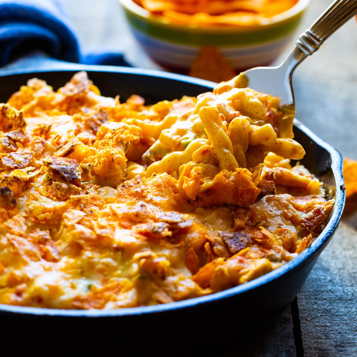 King Ranch Mac and Cheese in cast iron pan.