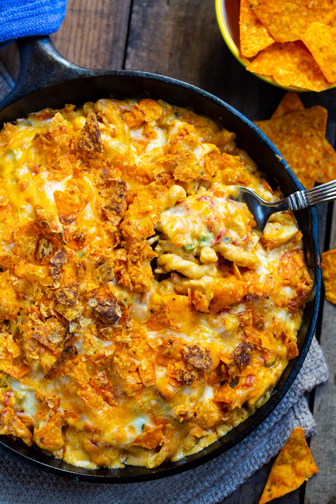 Overhead of King Ranch Mac and Cheese in pan.