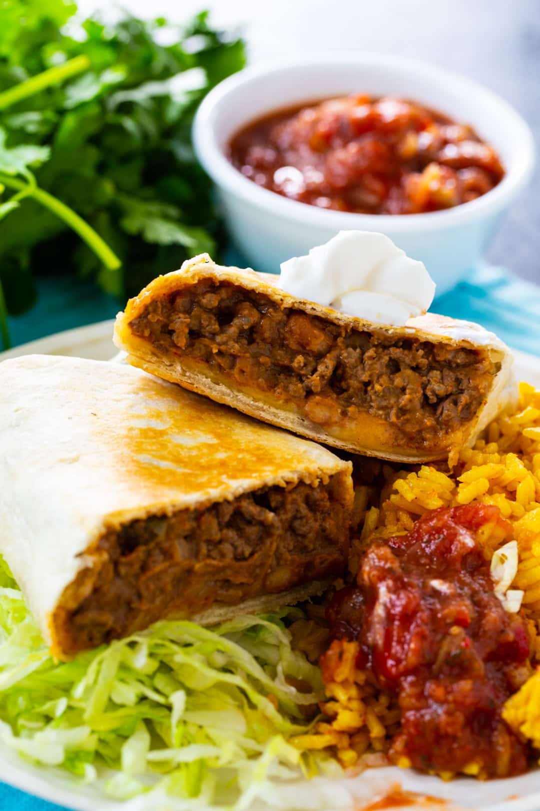 Beef and Bean Burrito on plate with rice.