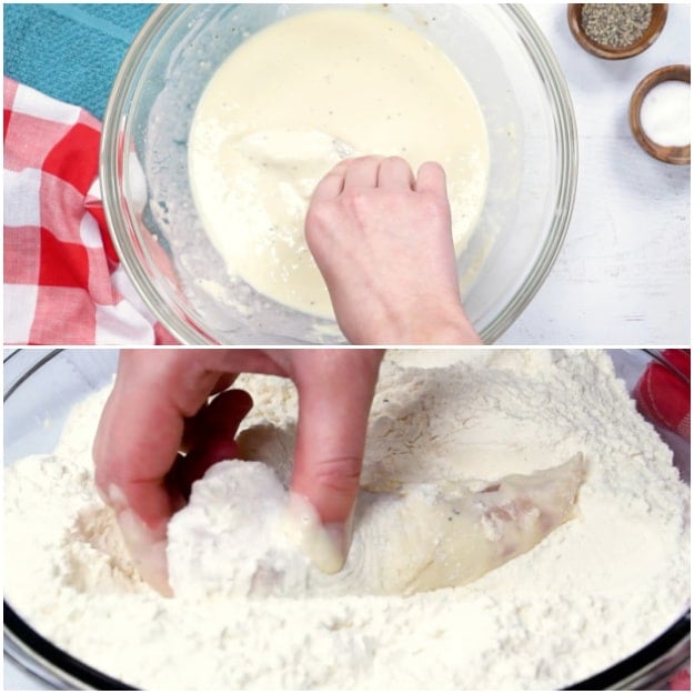 Dipping chicken in batter and rolling in breadcrumbs.
