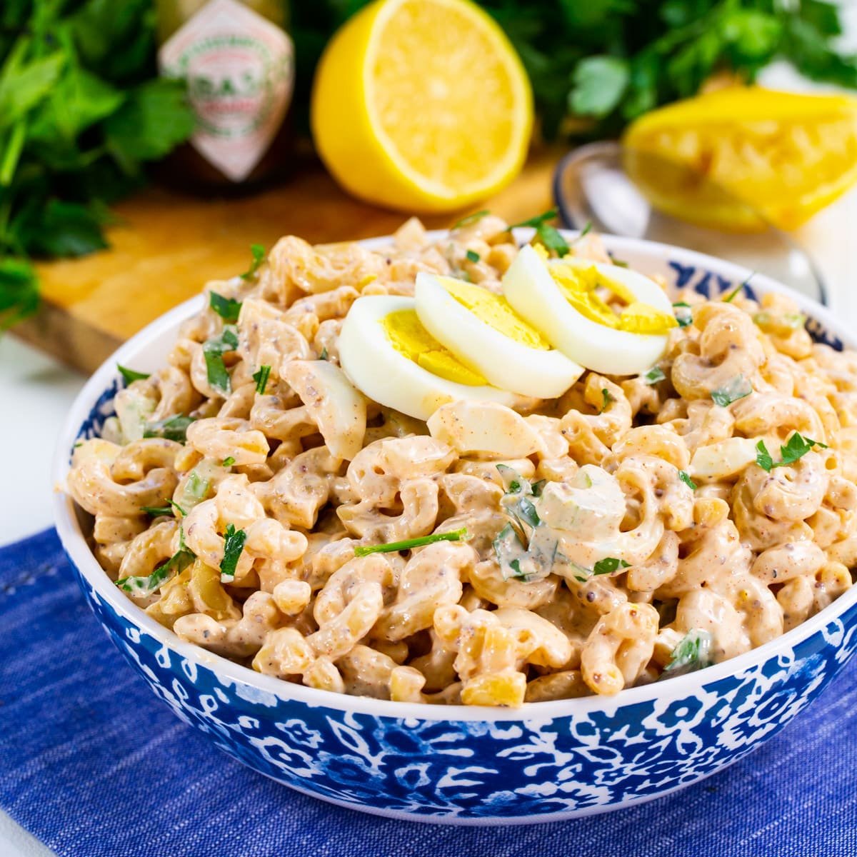 Cajun Macaroni Salad in a serving bowl.