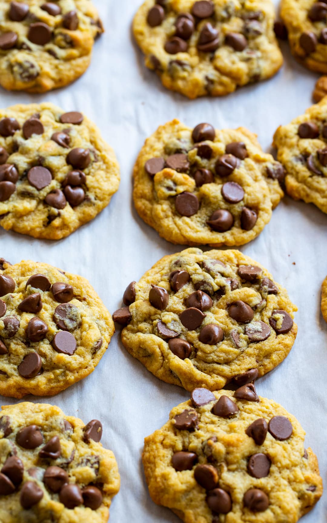 Chocolate Chip Pudding Cookies on baking sheet.