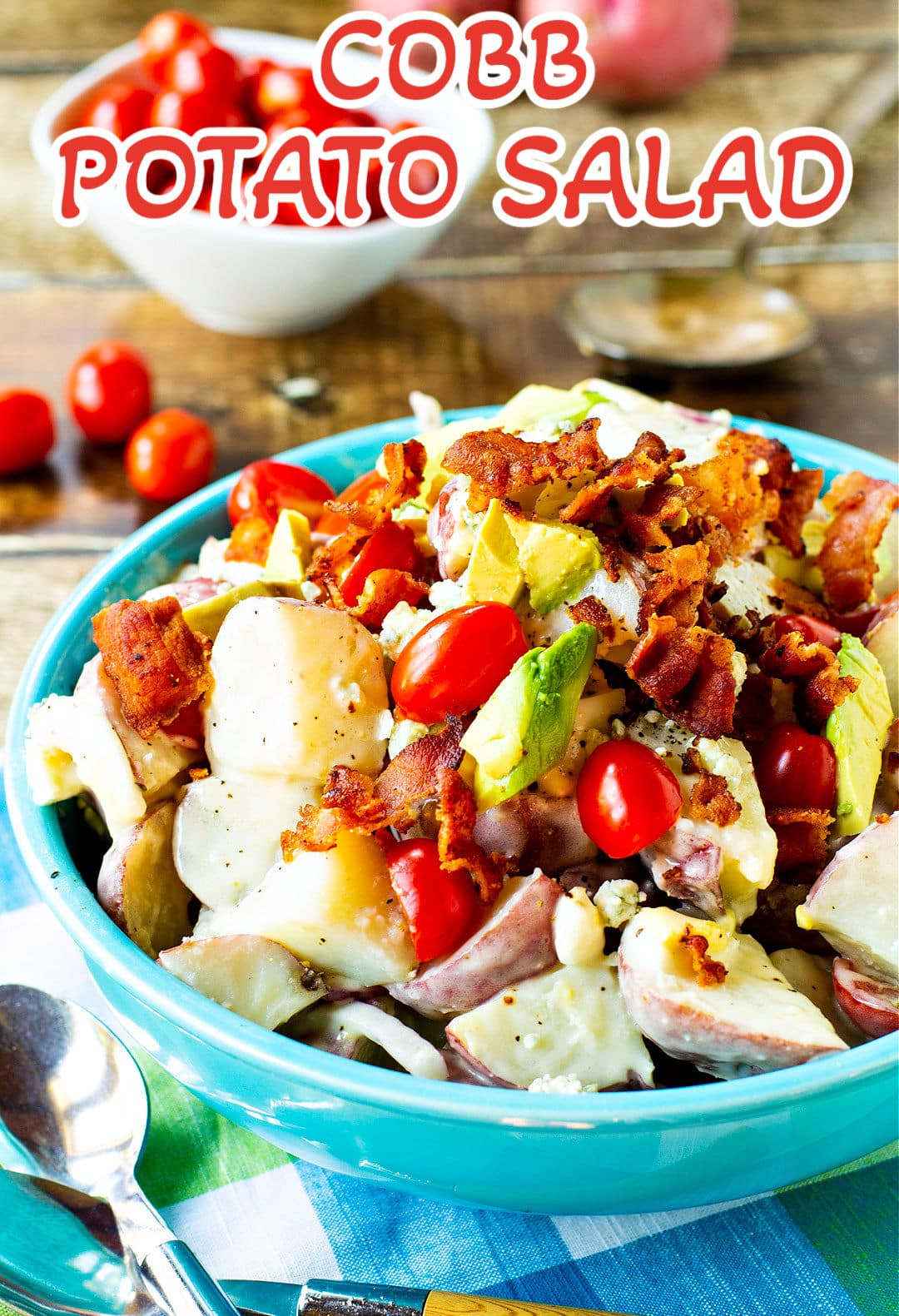 Cobb Potato Salad in a blue bowl.