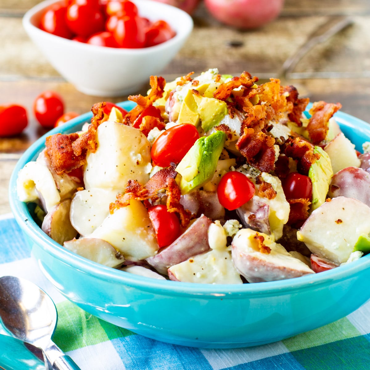 Cobb Potato Salad in a blue bowl.