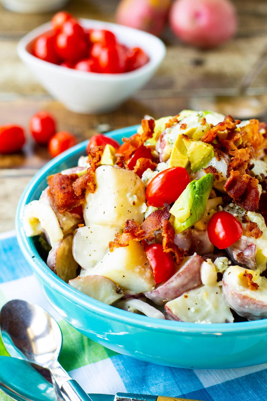 Cobb Potato Salad in a blue bowl.