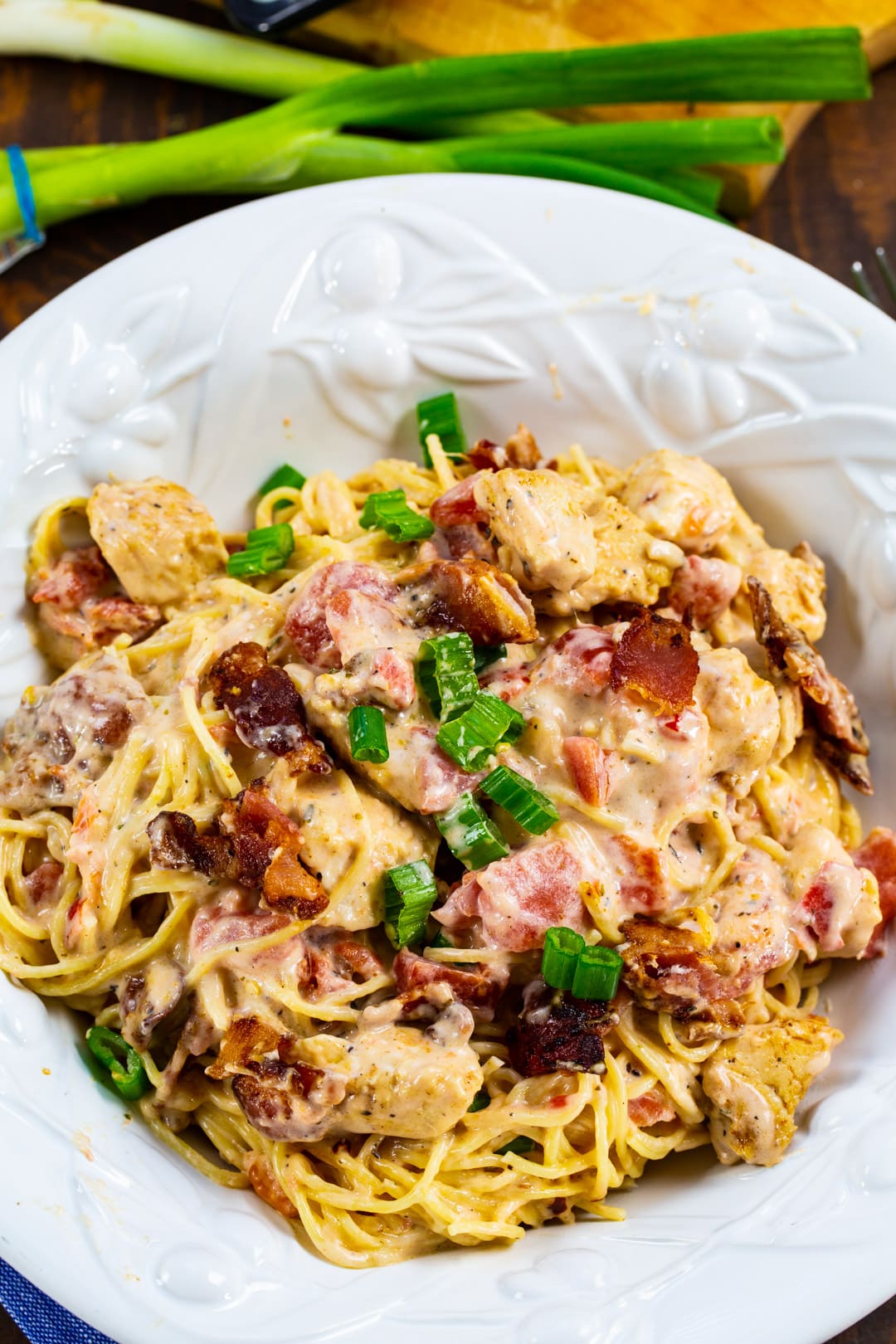 Angel Hair Pasta with Chicken in a serving bowl.