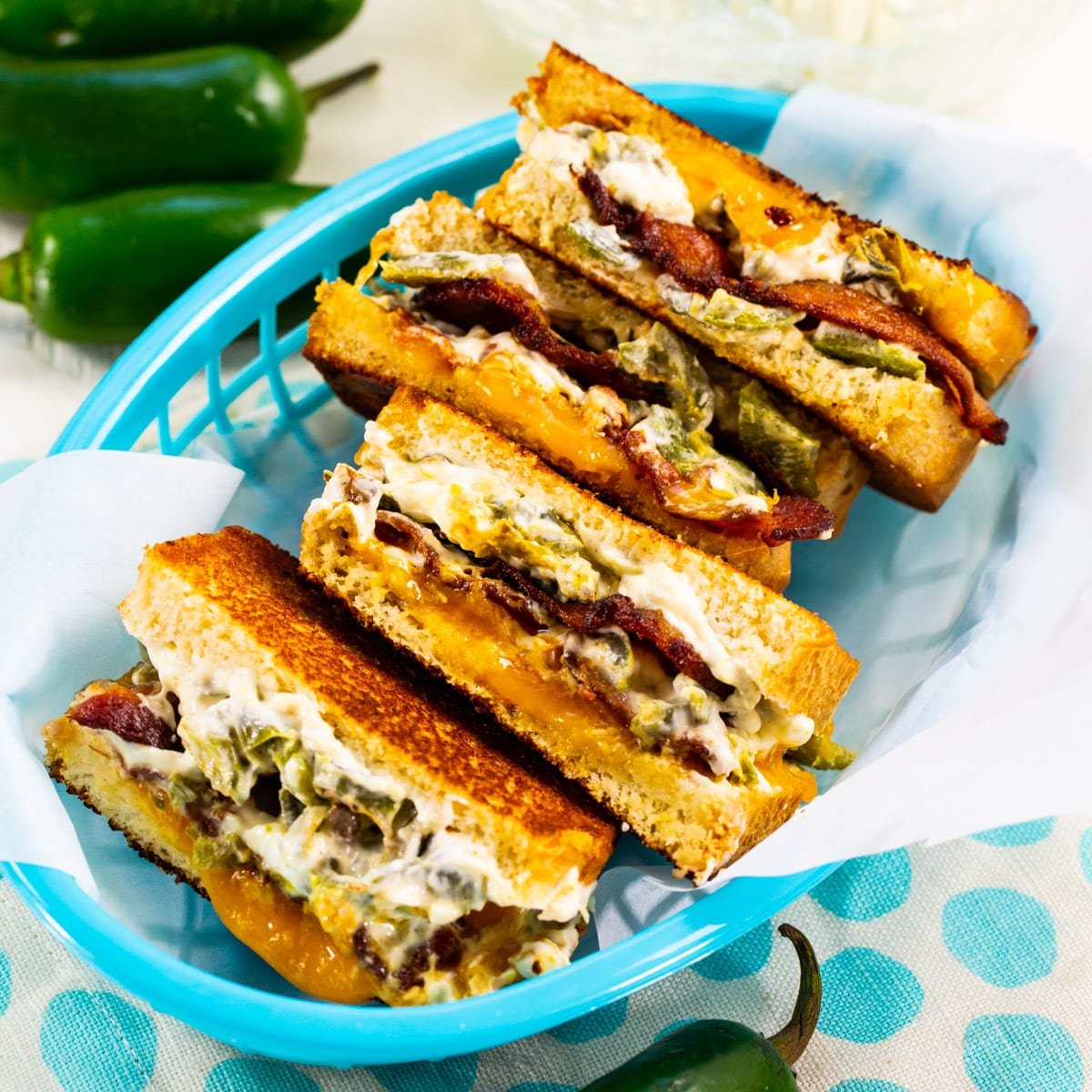 Jalapeno Popper Grilled Cheese in a blue basket.