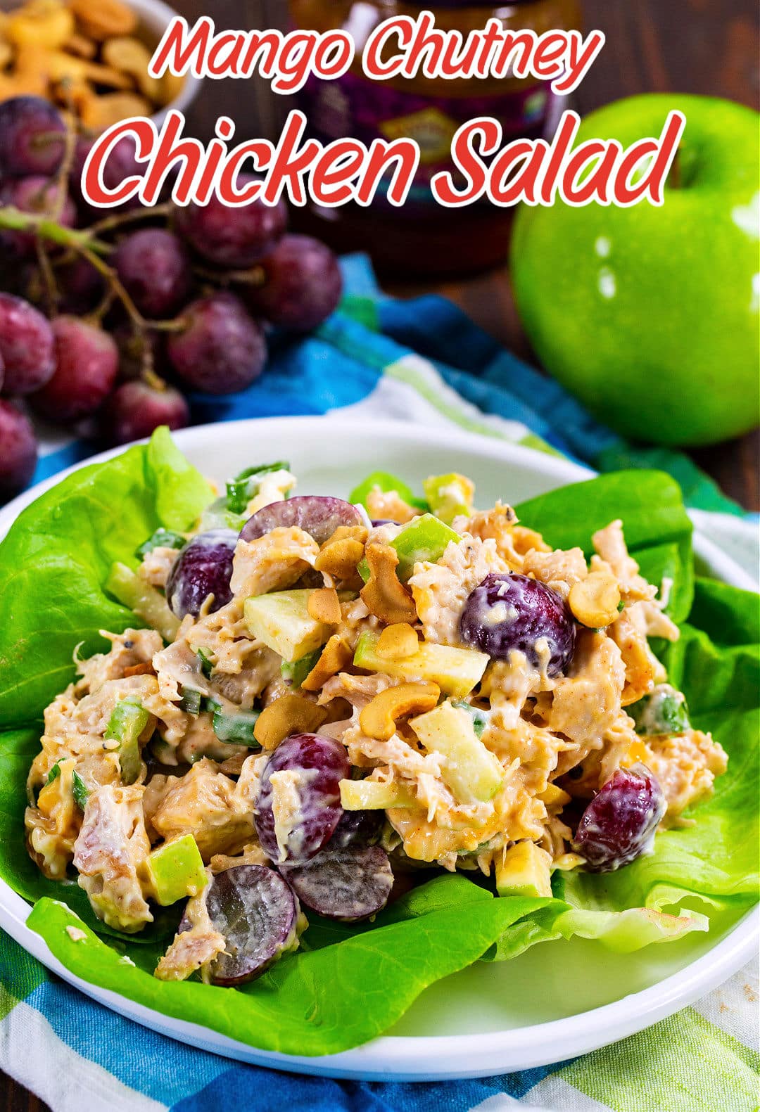 Mango Chutney Chicken Salad on a bed of lettuce.