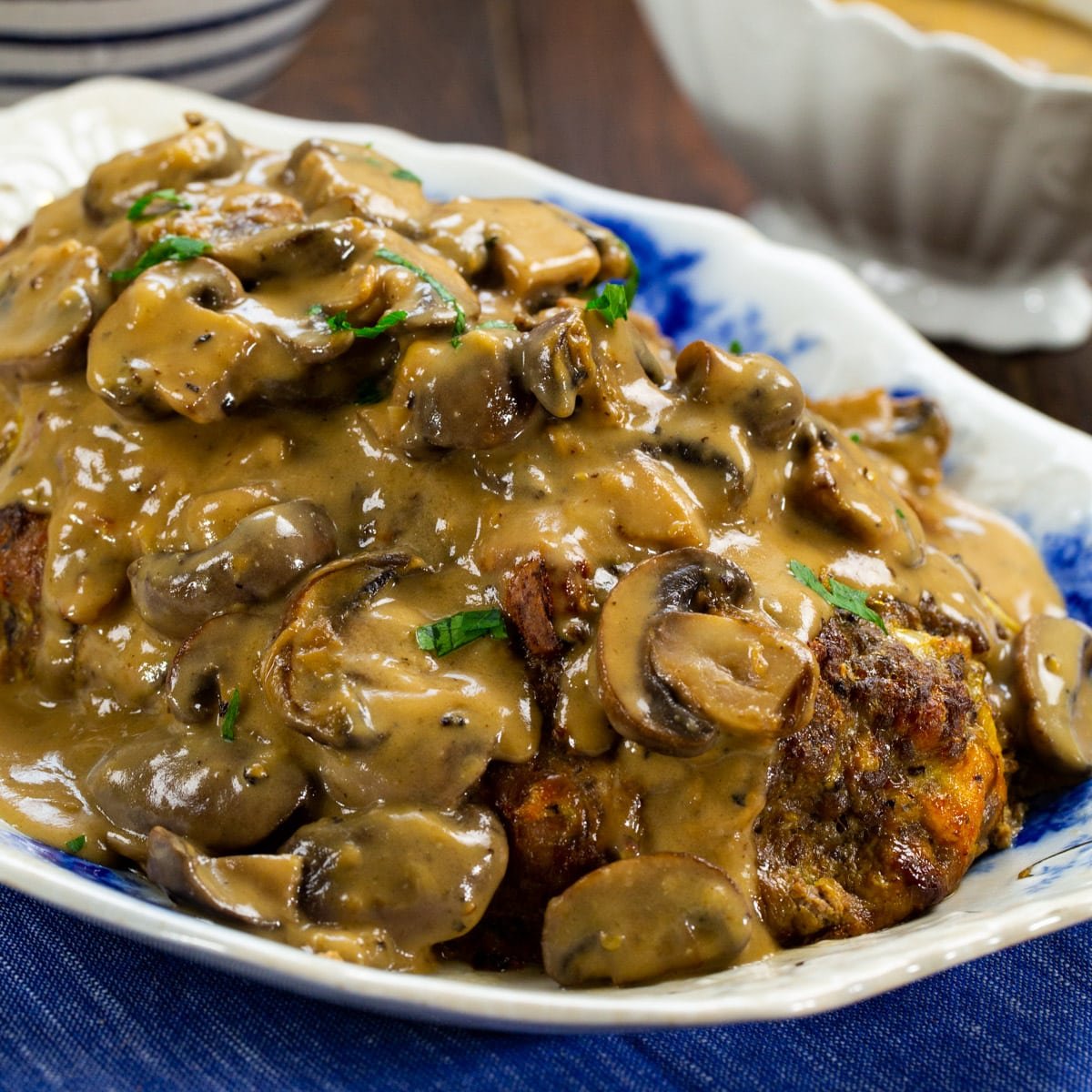 Meatloaf with Mushroom Gravy on a serving platter.