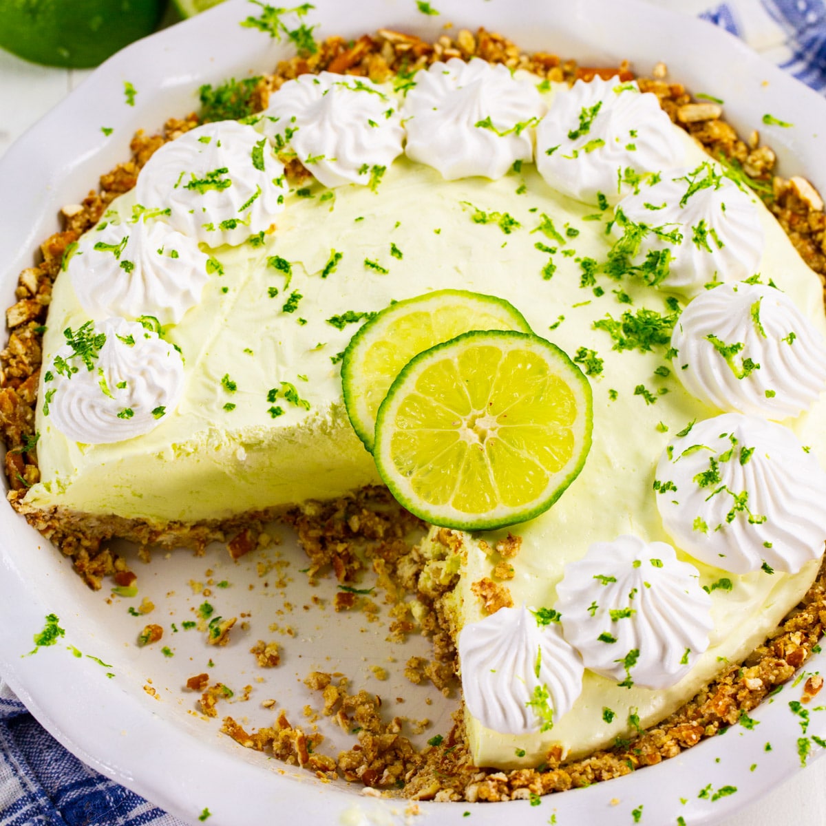 No-Bake Margarita Pie in pie pan with slice cut out.