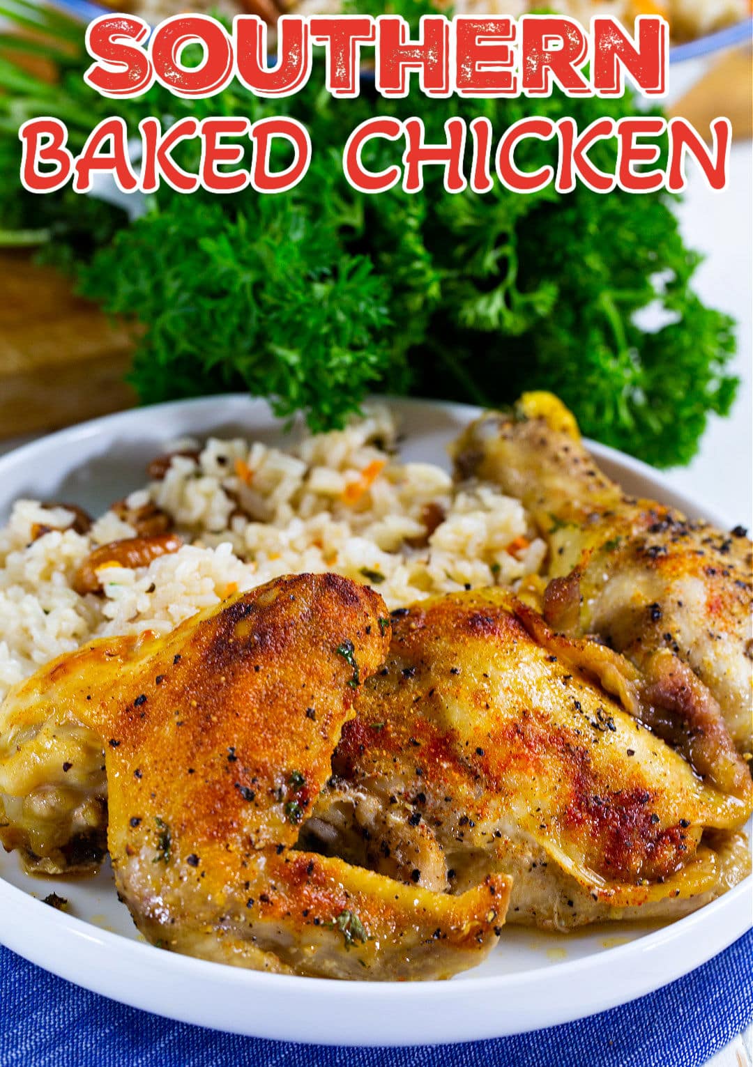 Southern Baked Chicken on plate with rice.