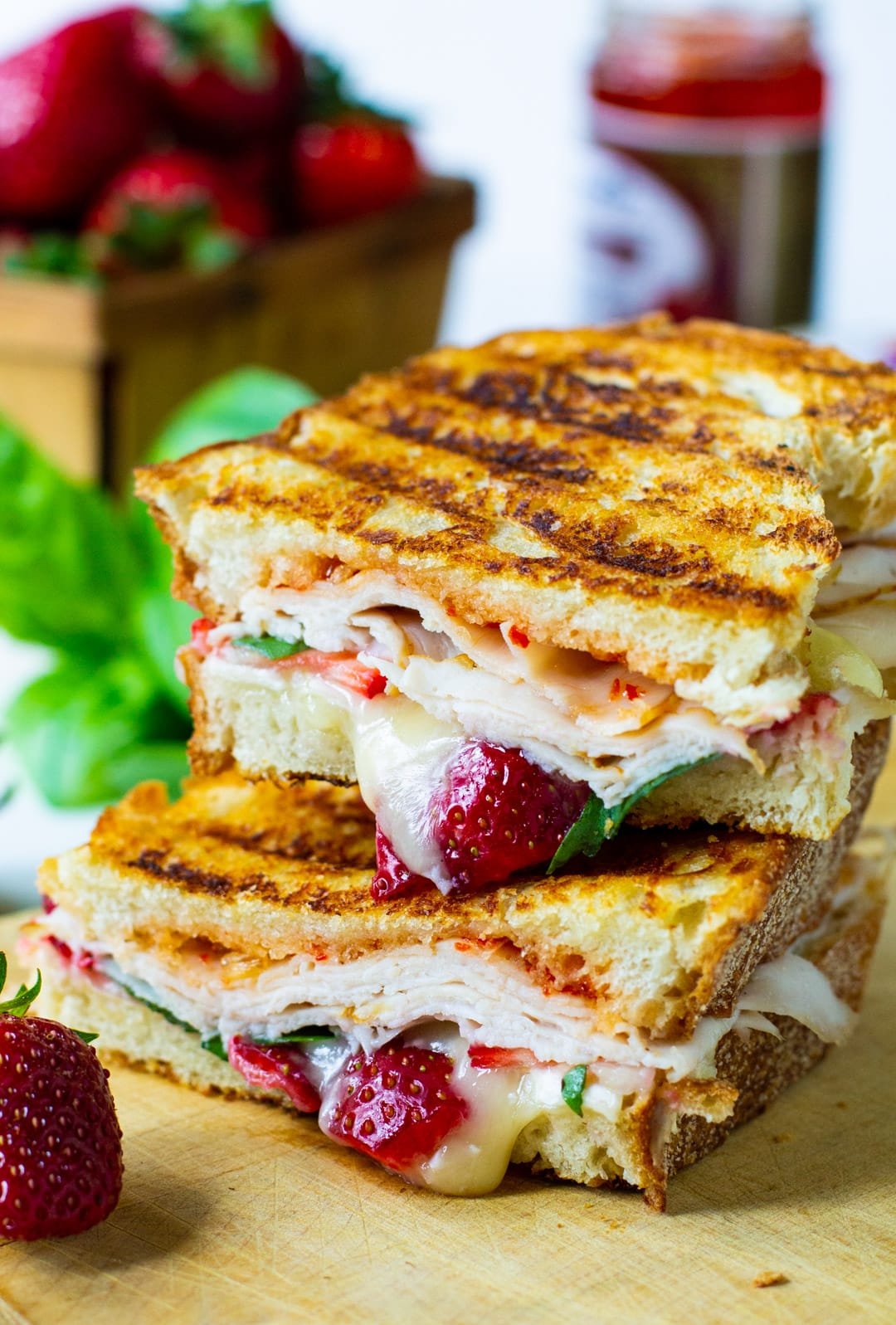 Turkey Panini cut in half and stacked.