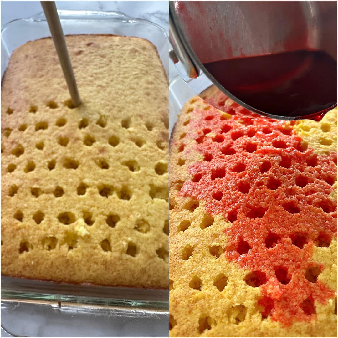 Poking holes in cake and pouring gelatin in holes.