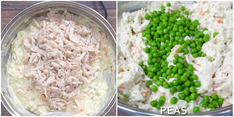Adding chicken and peas.