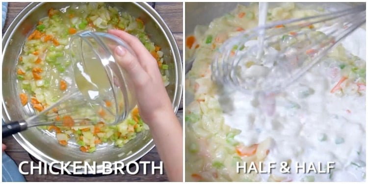Whisking in chicken broth and half-and-half.