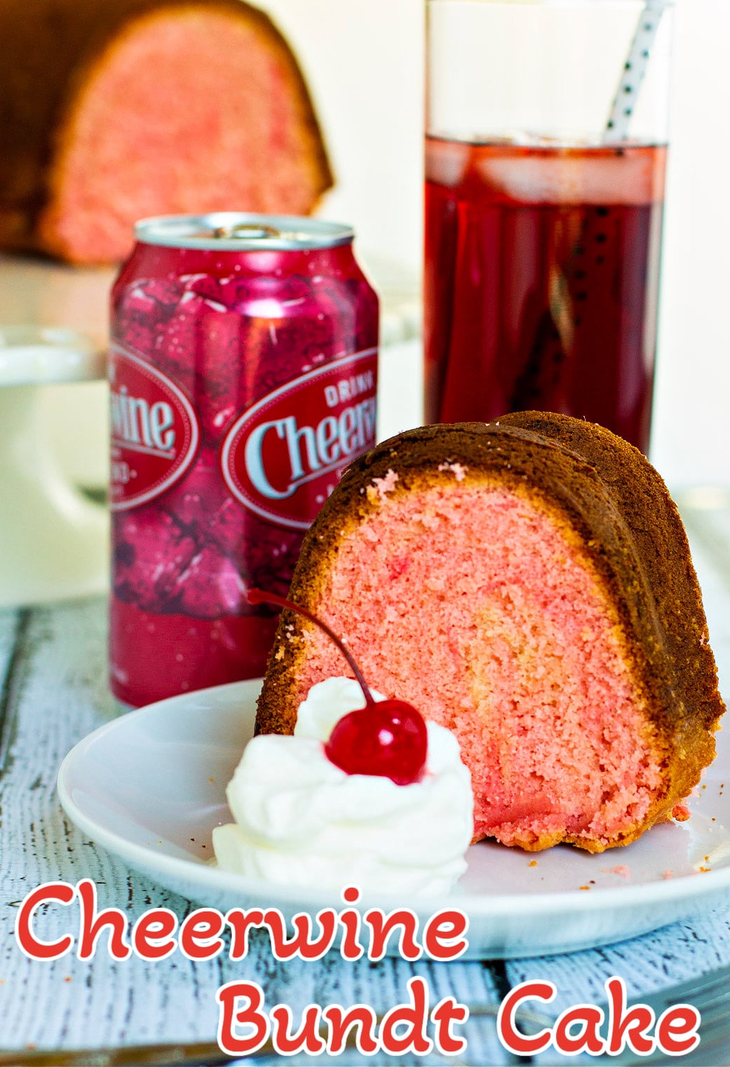 Slice of Cheerwine Bundt Cake on a plate.