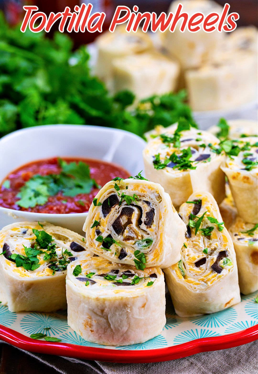 Tortilla Pinwheels on plate with a bowl of salsa.