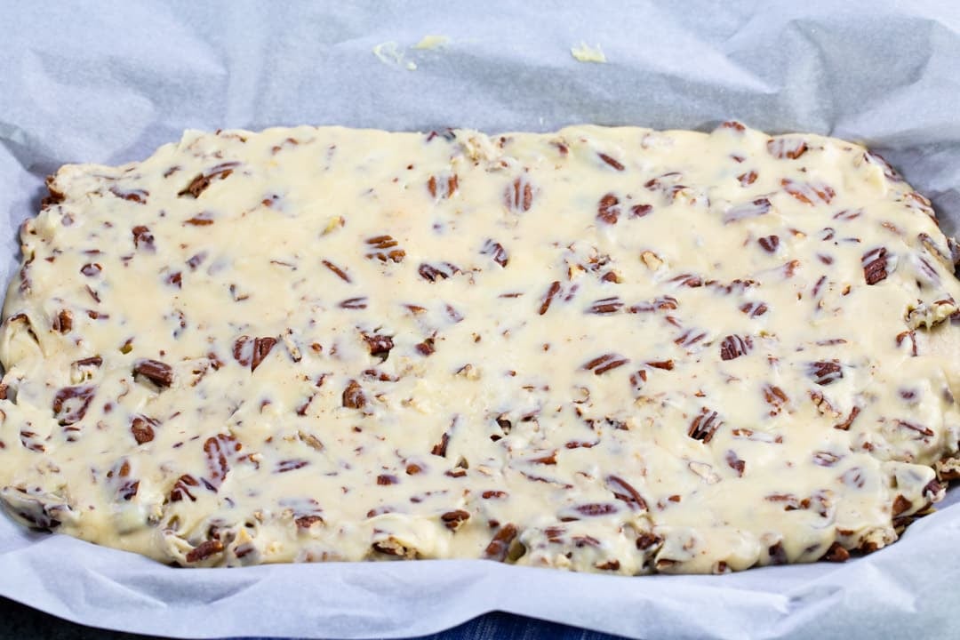 Pecan Candy in jelly roll pan before being cut.