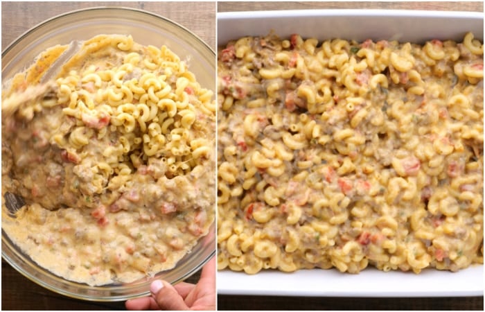 Transferring to baking dish.