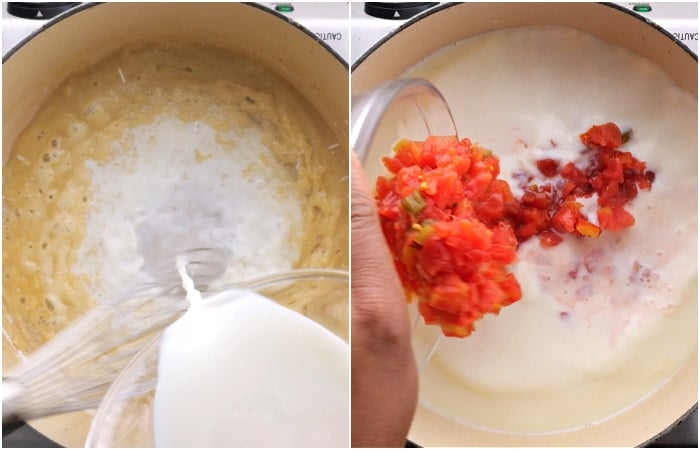 Adding the milk and rotel tomatoes.