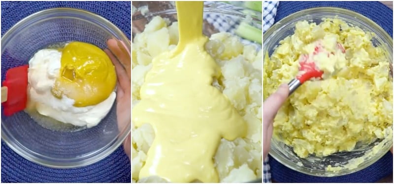 Mixing dressing and adding to potatoes.