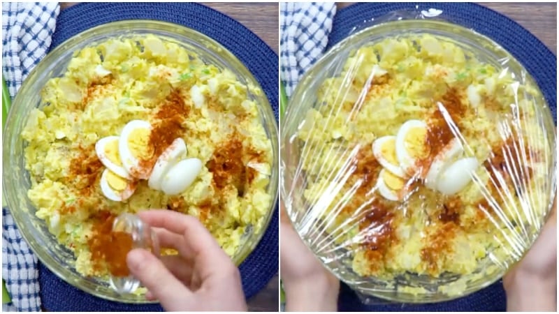 Finishing the potato salad.