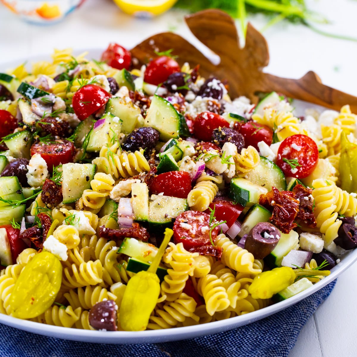 Greek Pasta Salad in a serving bowl.