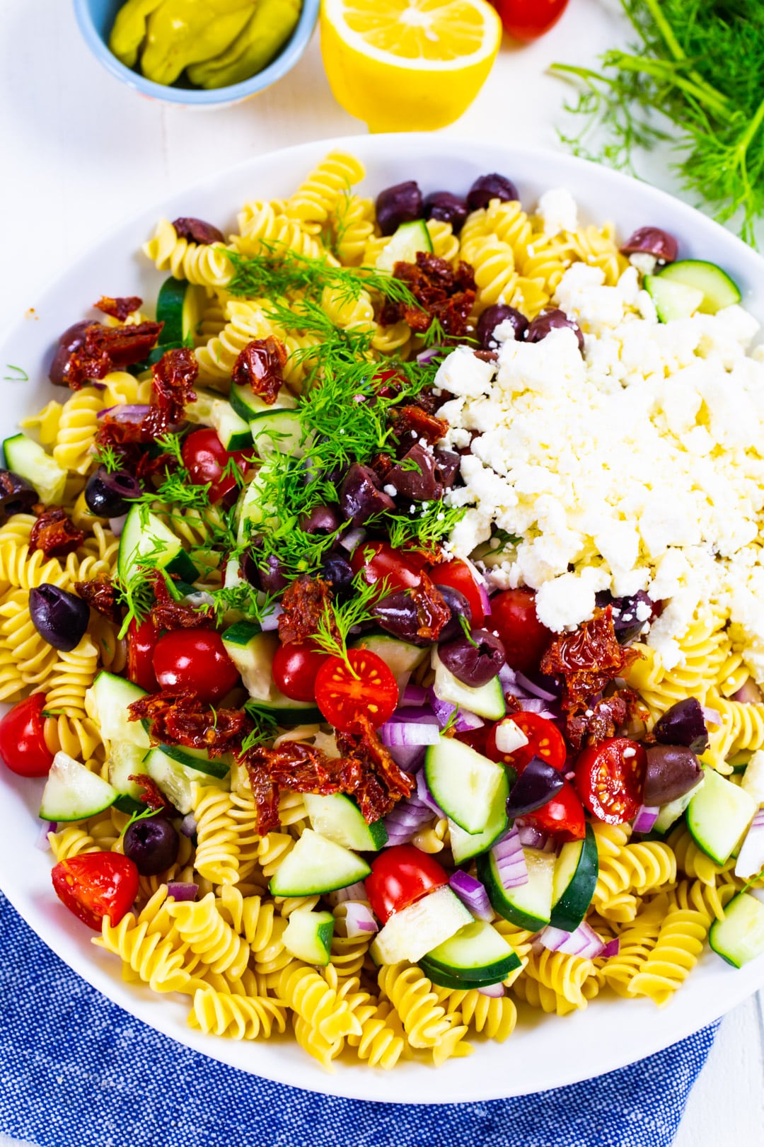 Pasta salad before getting mixed together.