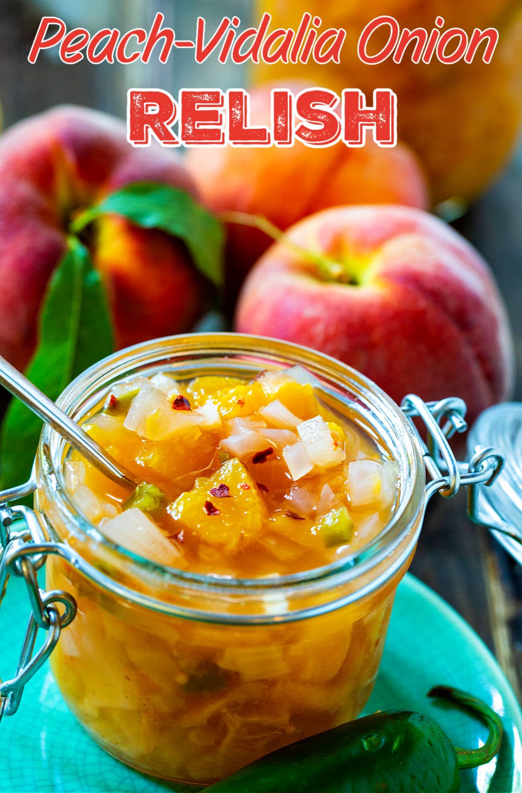 Peach-Vidalia Onion Relish in glass jar.