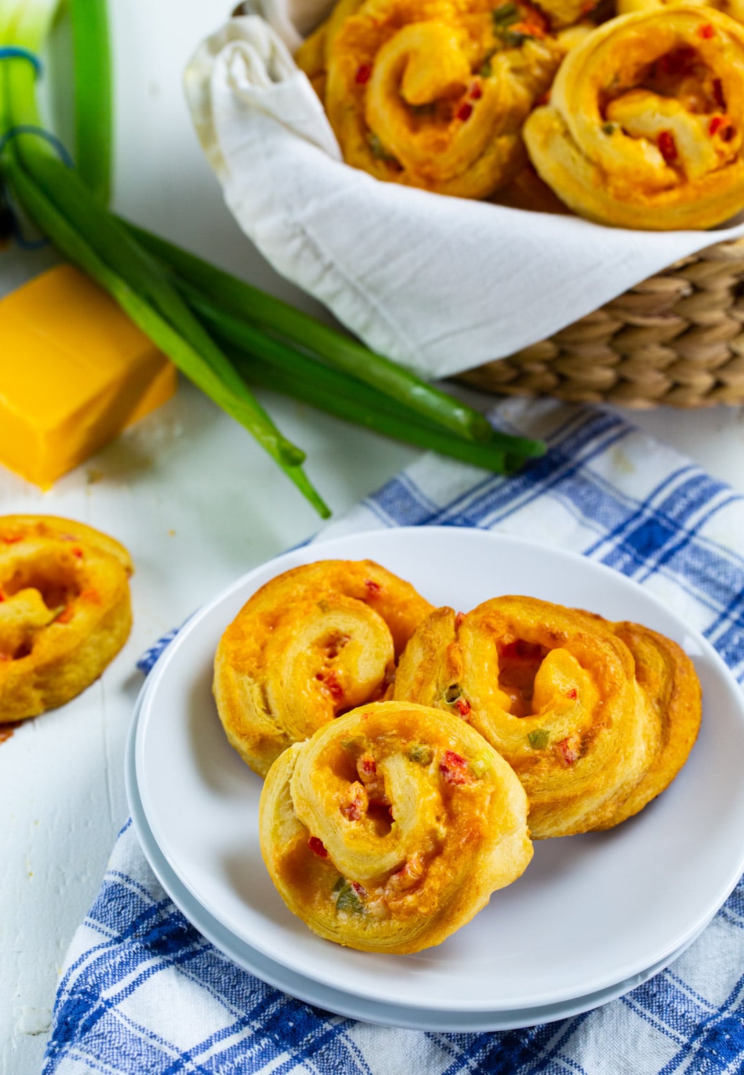 Baked Spirals on a plate and in a basket.