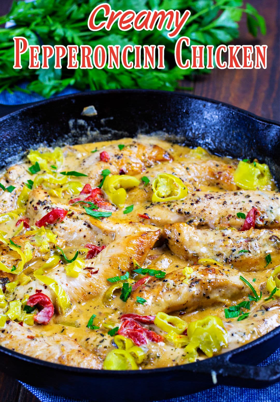 Creamy Pepperoncini Chicken in a skillet.