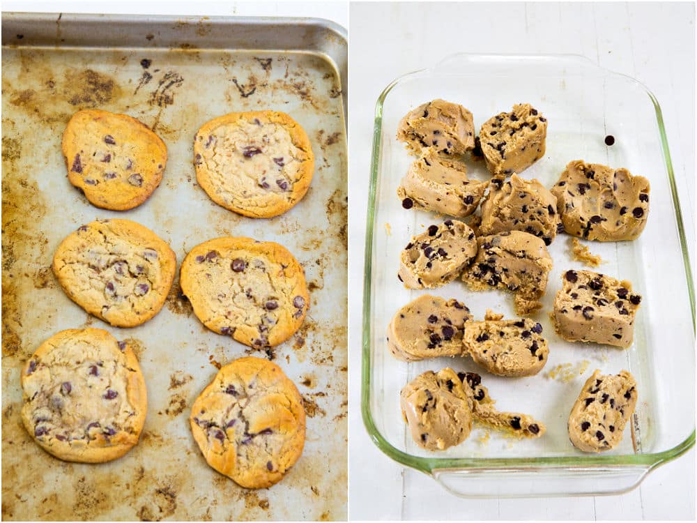 Baked cookies on cookie sheet and cookie dough in 9x13-inch baking dish.