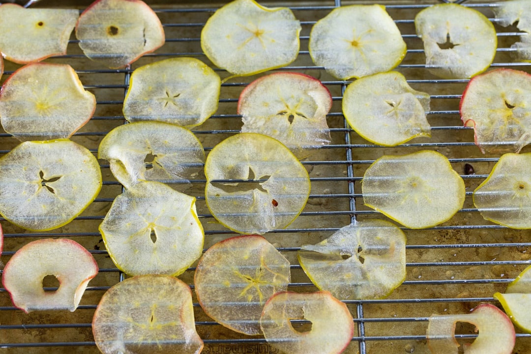 Apple slices after being simmered in sugar syrup.