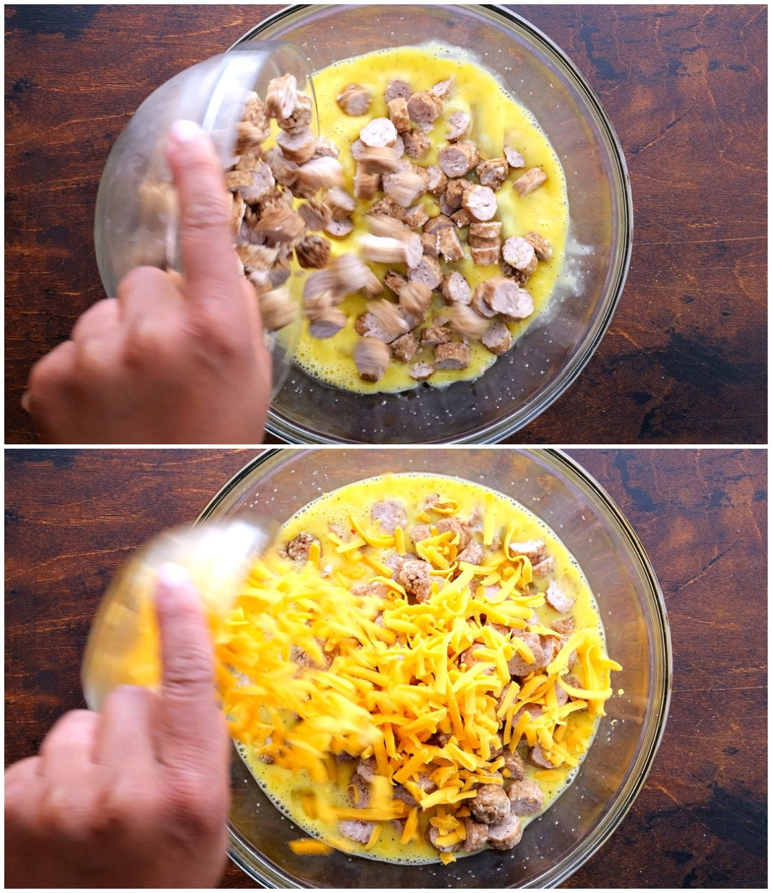 Adding sausage to egg mixture and cheese to egg mixture.