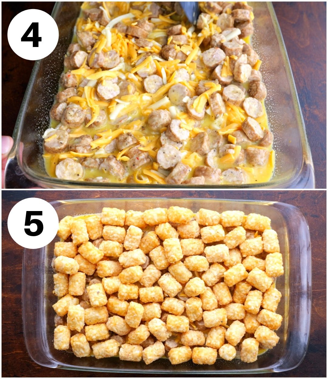Egg mixture added to baking dish and tater tots place on top.