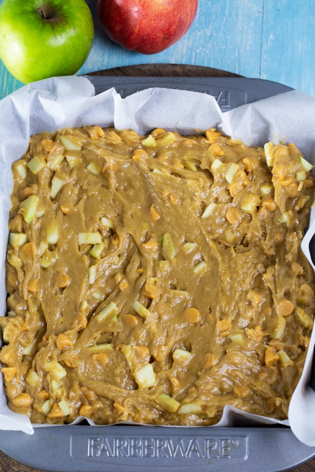 Unbaked batter in baking dish.