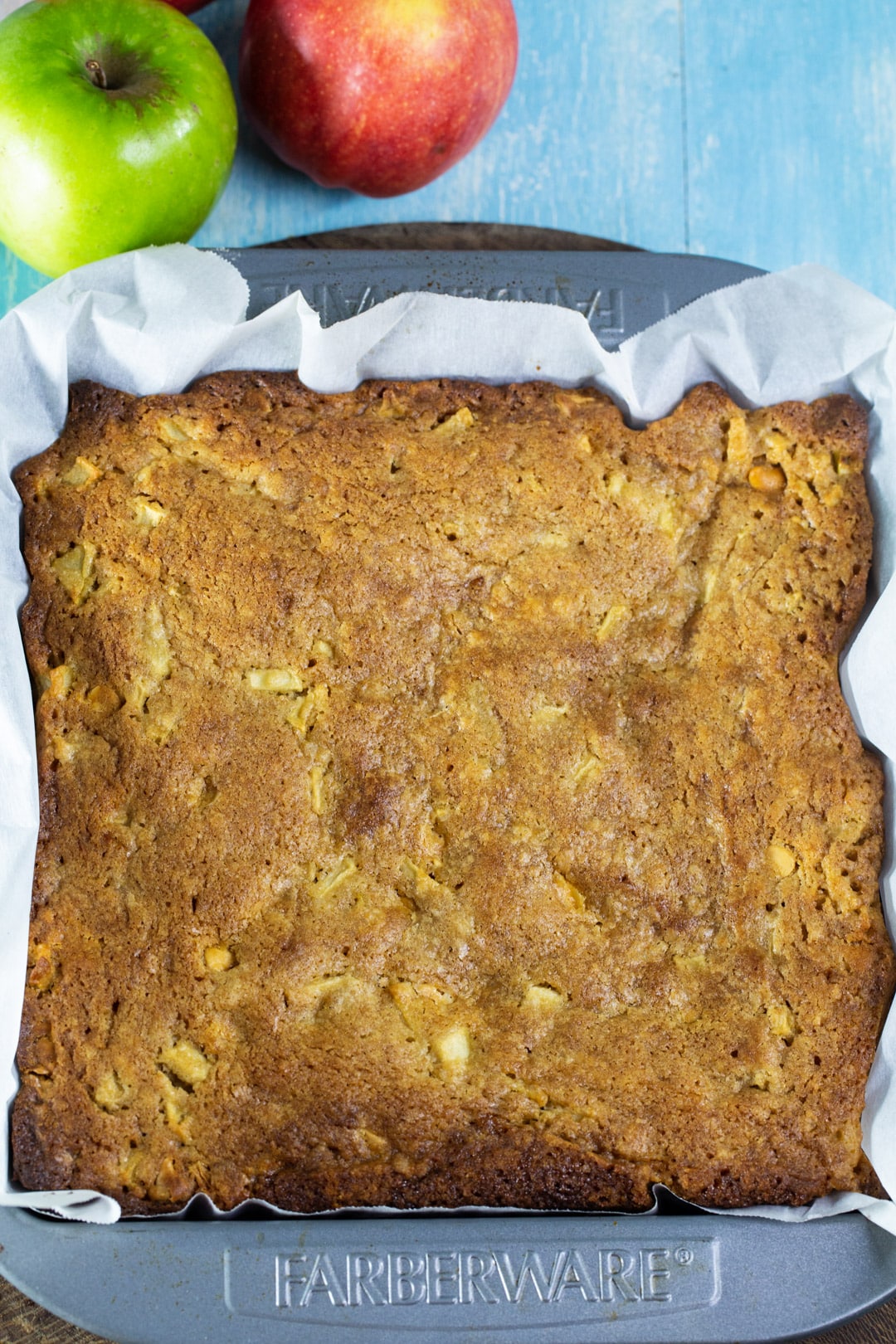 Baked cake in baking dish.