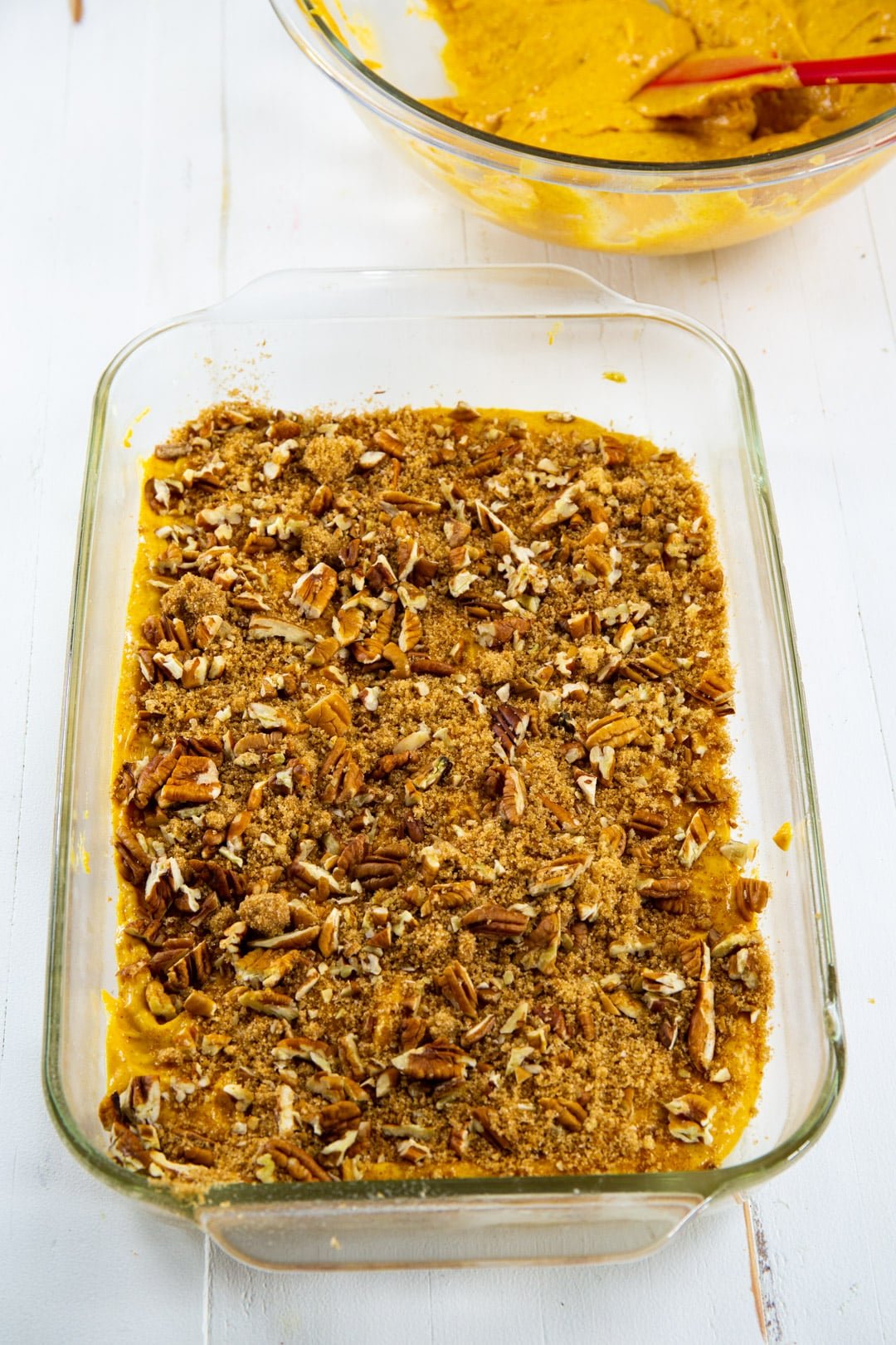 Brown sugar/pecan mixture sprinkled over batter.