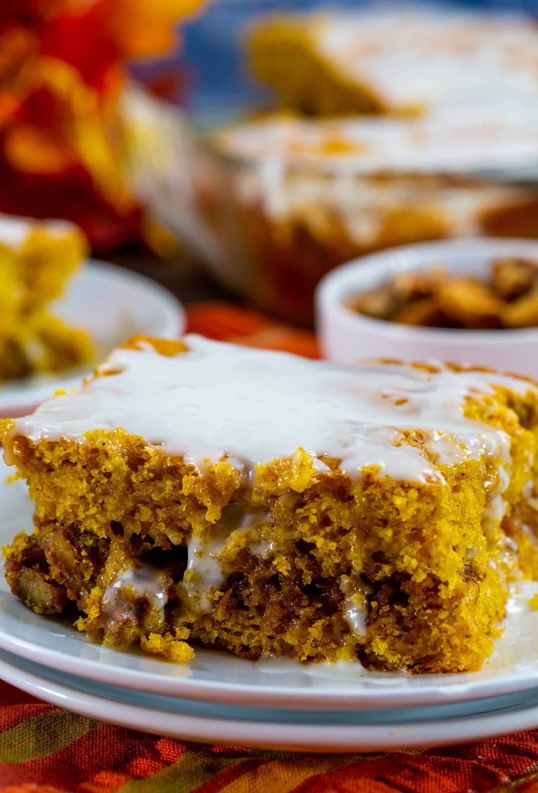 Piece of Pumpkin Honey Bun Cake on a small plate.