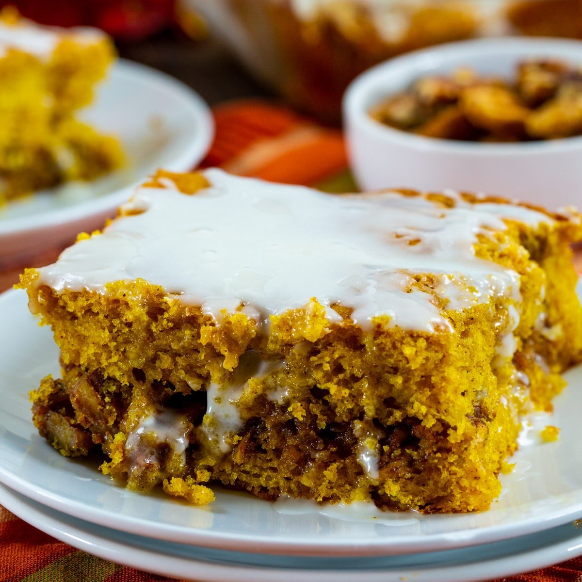Piece of Pumpkin Honey Bun Cake on a plate.