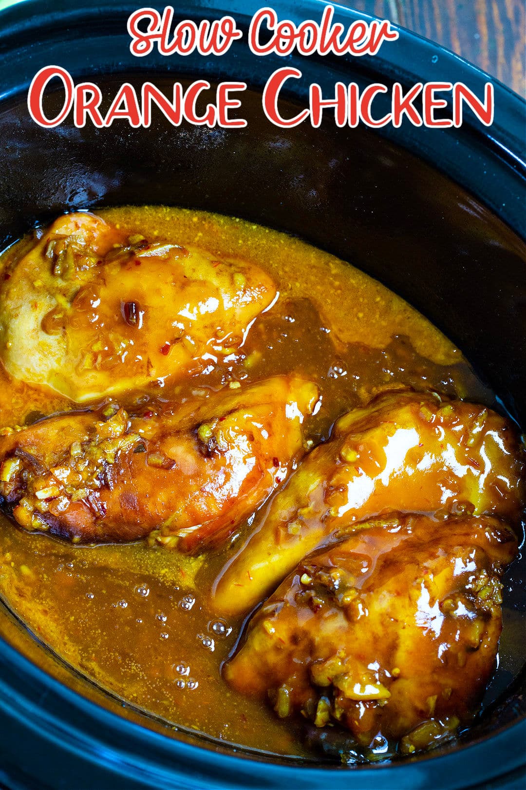 Slow Cooker Orange Chicken in slow cooker.