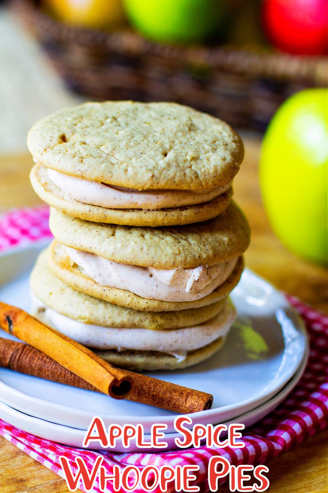 Apple Pie Whoopie Pies stacked on a plate.