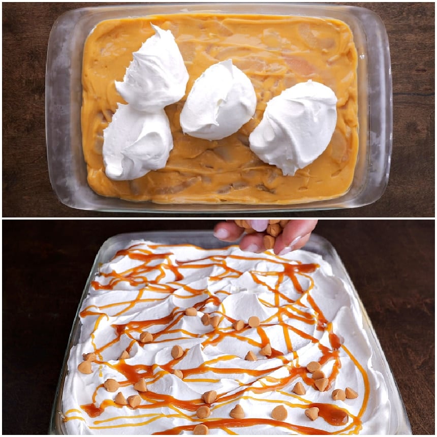 Spreading the cool whip on top and adding caramel sauce and butterscotch chips.