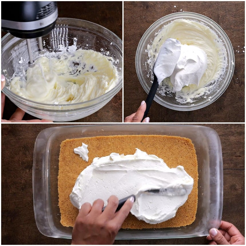 Making the cream cheese layer and spreading it over the crust.