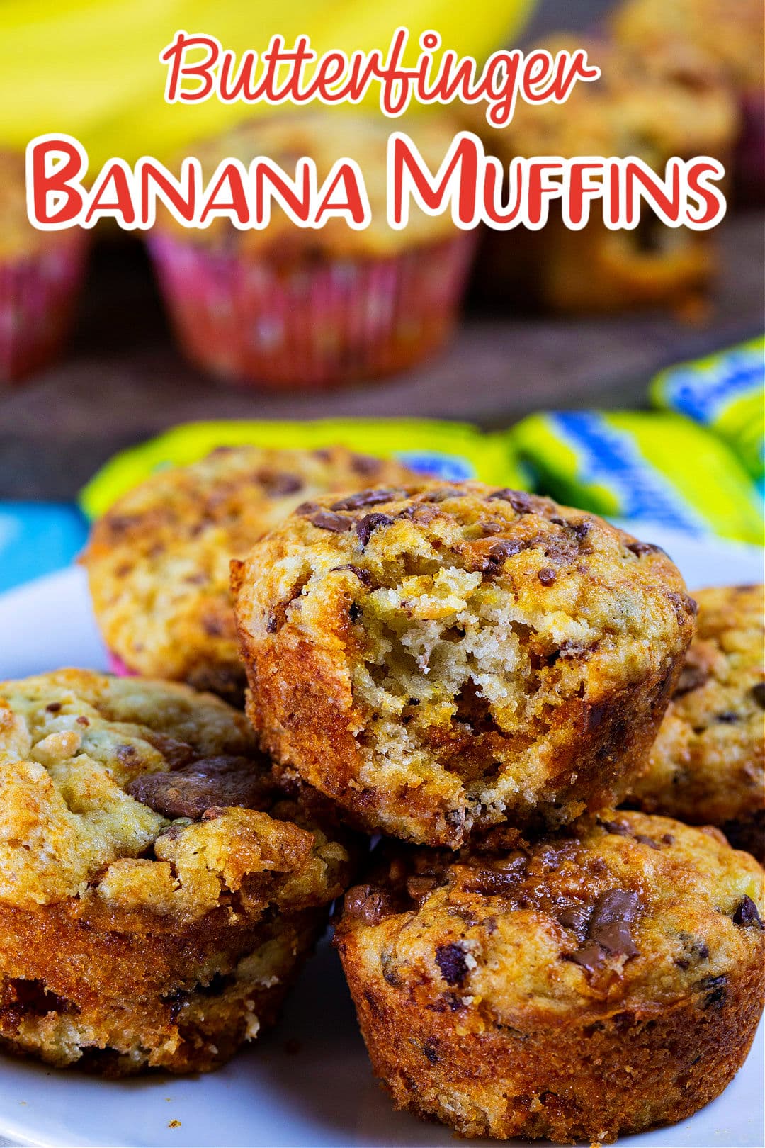 Butterfinger Banana Muffins connected  a plate.