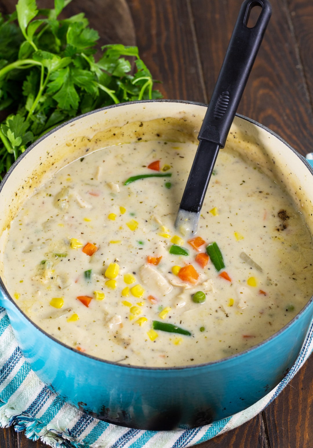 Chicken Pot Pie Soup in a Dutch oven.