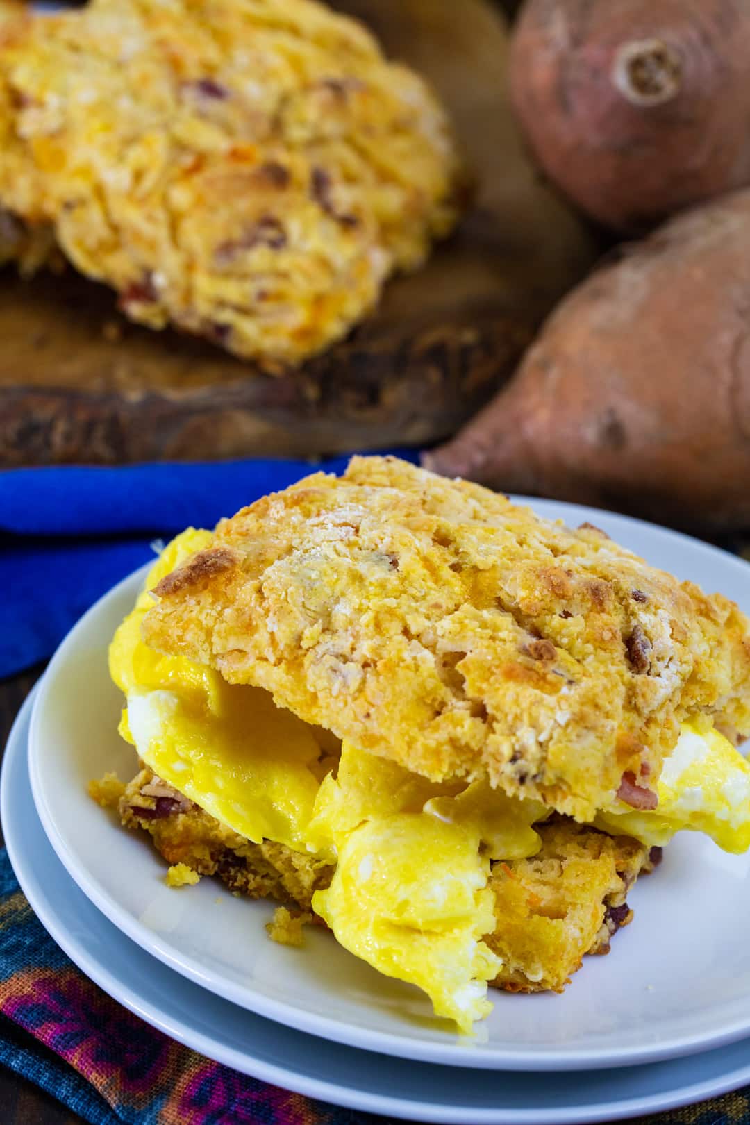 Sweet Potato Bacon Biscuit with scrambled egg.
